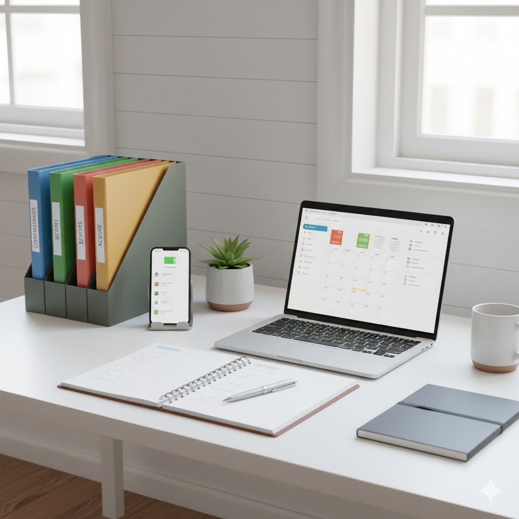 image illustrant la gestion administrative : ordinateur, cahier, dossiers